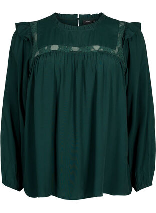 Zizzifashion Viscose blouse with frills and lace, Scarab, Packshot image number 0