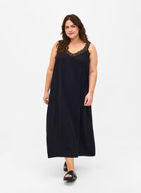 Midi-length strap dress in viscose with lace, Black, Model
