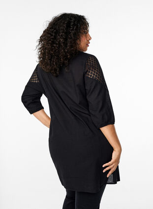 Zizzifashion Dress in a cotton blend with linen and crochet detail, Black, Model image number 1