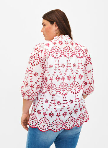 Zizzifashion 3/4 sleeve blouse with contrasting anglais embroidery, White w. Red, Model image number 1