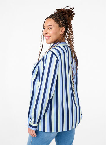 Zizzifashion Striped satin shirt with collar, Blue Stripe, Model image number 1