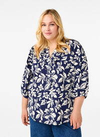 3/4 sleeve cotton blouse with print, Naval Academy Flower, Model