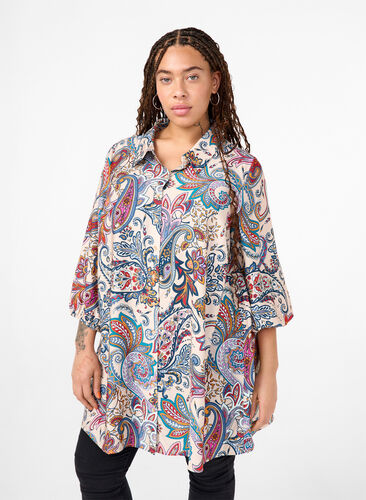 Zizzifashion Paisley print viscose tunic with 3/4 sleeves, Sand Do. Paisley AOP, Model image number 0