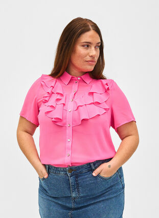 Zizzifashion Short sleeve shirt blouse with ruffles, Pink Power, Model image number 0