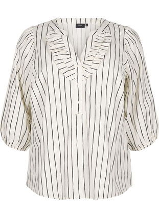 Zizzifashion 3/4 sleeve cotton blouse with stripes, Eggnog Black Stripe, Packshot image number 0