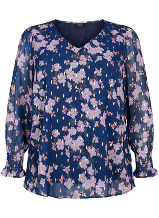 Zizzifashion Floral blouse with long sleeves and V-neck, Blue Small Fl. AOP, Packshot image number 0