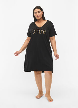 Zizzifashion Organic cotton nightdress with V-neck, Black Offline, Model image number 2