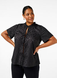Short-sleeved jacquard blouse with ties, Black, Model