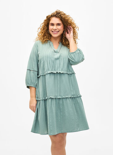 Zizzifashion 3/4 sleeve cotton dress with ruffles, Chinois Green, Model image number 0