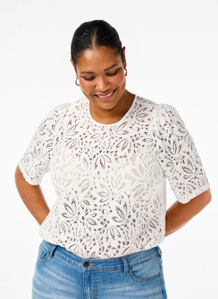 Zizzifashion Lace blouse with short sleeves, Bright White, Model image number 0