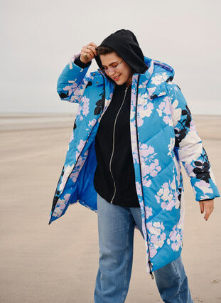 Long winter jacket with a floral print, French Blue Comb, Image image number 1