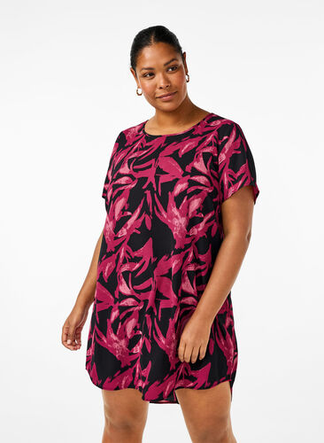 Zizzifashion Dress with print and short sleeves, Bl.Purple Leaf AOP, Model image number 0