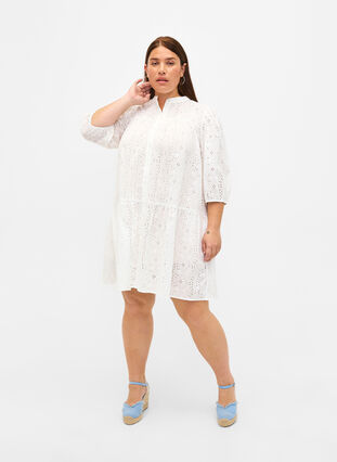 Zizzifashion Embroidery anglaise shirt dress in cotton, Bright White, Model image number 2