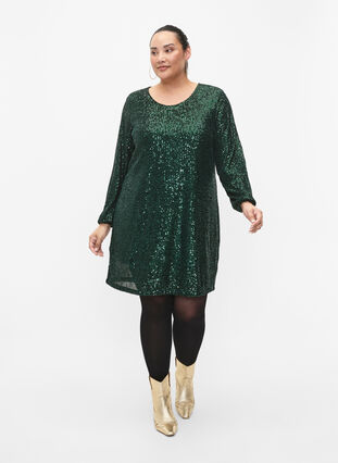 Zizzifashion Short sequin dress with long sleeves, Scarab, Model image number 2