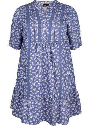 Zizzifashion Short viscose dress with lace trim and A-line cut, M. Blue Flower AOP, Packshot image number 0