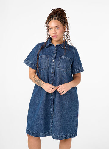 Zizzifashion Long denim shirt with short sleeves, Blue Denim, Model image number 0