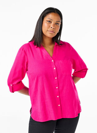 Zizzifashion Shirt blouse with button closure in cotton-linen blend, Bright Rose, Model image number 0