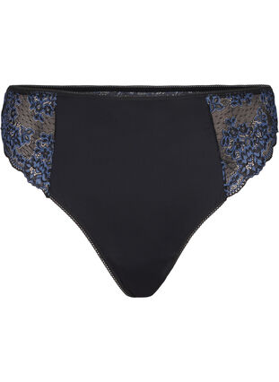 Zizzifashion Microfibre G-string with lace, Black w Blue, Packshot image number 0