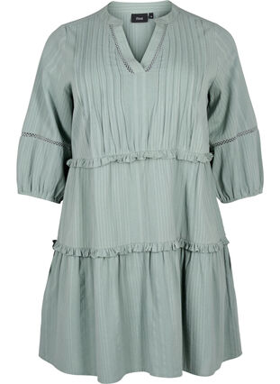 Zizzifashion 3/4 sleeve cotton dress with ruffles, Chinois Green, Packshot image number 0