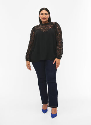 Zizzifashion Long sleeve blouse with lace, Black, Model image number 2