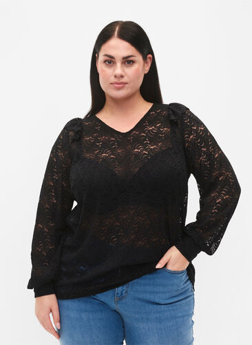 Zizzifashion Long-sleeved lace blouse, Black, Model image number 0