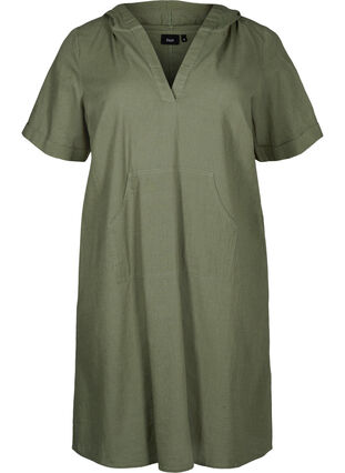 Zizzifashion Cotton blend hooded dress with linen, Deep Lichen Green, Packshot image number 0