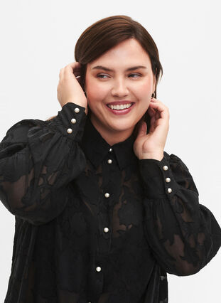 Zizzifashion Jacquard shirt with pearl buttons, Black, Model image number 2