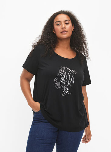 Zizzifashion Cotton T-shirt with motif, Black w. Lion, Model image number 0