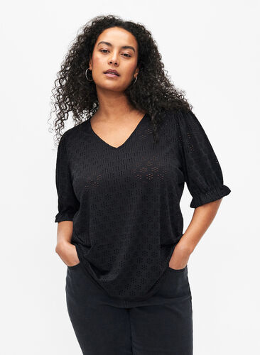 Zizzifashion V-neck blouse with hole pattern, Black, Model image number 0