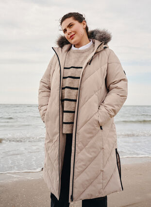 Zizzifashion Long winter jacket with hood and faux fur collar, Simply Taupe, Image image number 1