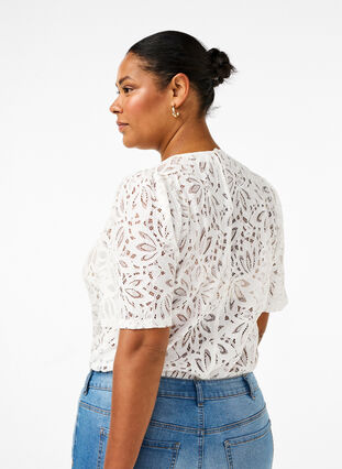 Zizzifashion Lace blouse with short sleeves, Bright White, Model image number 1