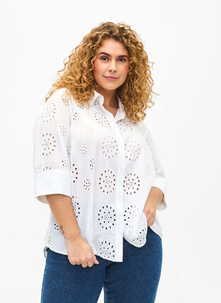 Zizzifashion Shirt blouse with embroidery anglaise and 3/4 sleeves, Bright White, Model image number 0