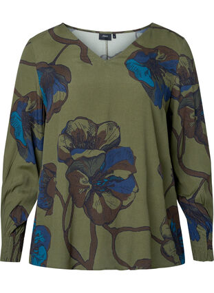 Zizzifashion Long sleeved viscose blouse with floral print	, Green Big Flower, Packshot image number 0