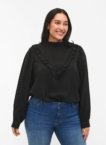 Zizzifashion Viscose blouse with frills, Black, Model image number 0