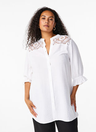 Zizzifashion Long viscose shirt with lace detail, Bright White, Model image number 0