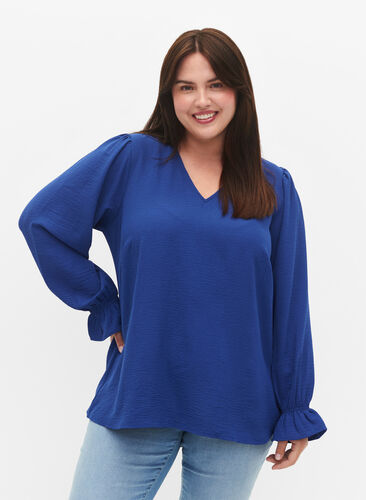 Zizzifashion V-neck blouse with long sleeves, Mazarine Blue, Model image number 0