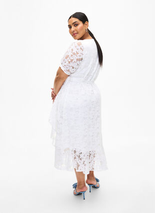 Zizzifashion Wrap dress with lace and short sleeves, Bright White, Model image number 1