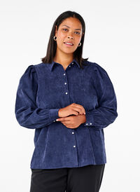 Velvet shirt with rhinestone buttons, Medieval Blue, Model