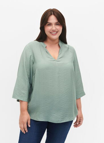 Zizzifashion Solid color blouse with 3/4 sleeves, Chinois Green, Model image number 0