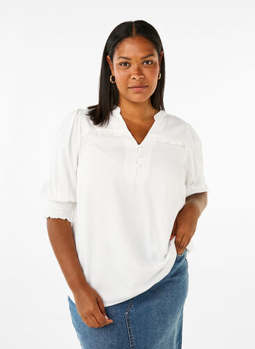 Zizzifashion Viscose blouse with smock and ruffle detail, Bright White, Model image number 0