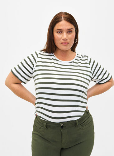 Zizzifashion Striped T-shirt in organic cotton, Thyme Stripe, Model image number 0