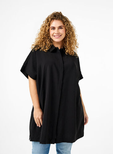 Zizzifashion Long viscose shirt with short sleeves, Black, Model image number 0