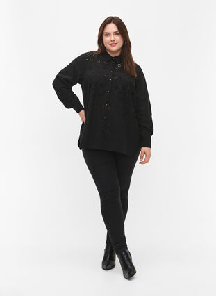 Zizzifashion Cotton shirt with broderie anglaise, Black, Model image number 2