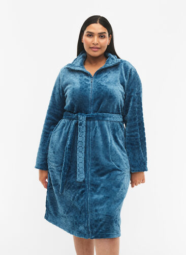 Zizzifashion Patterned dressing gown with zipper and pockets, Blue Coral, Model image number 0