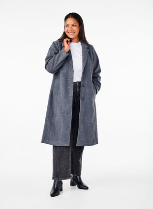 Zizzifashion Long wool coat with pockets, Dark Grey Melange, Model image number 2