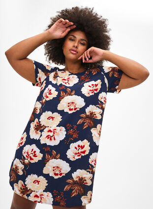 Zizzifashion Dress with print and short sleeves, Navy B. Rose AOP, Image image number 0