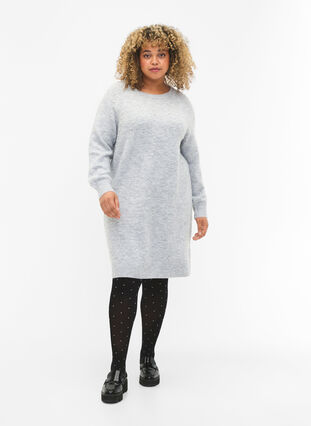 Zizzifashion Melange knitted dress with pearls, Light Grey Melange, Model image number 2