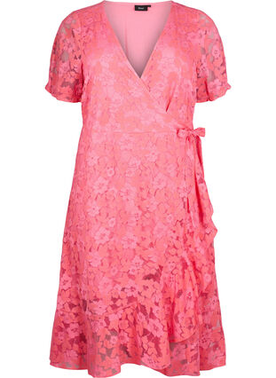Zizzifashion Wrap dress with lace and short sleeves, Pink Carnation, Packshot image number 0