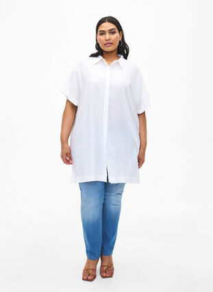 Long viscose shirt with short sleeves, Bright White, Model image number 2