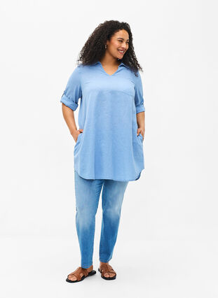 Zizzifashion Short-sleeved cotton blend tunic with linen, Faded Denim, Model image number 2